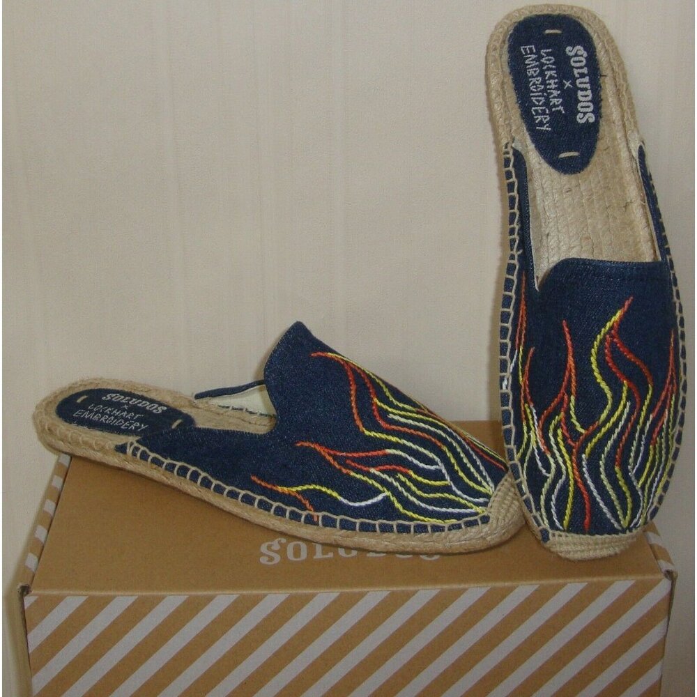 SOLUDOS Dark Denim Stitched Embroidered Flames Mules Slides Slip on Size  7 NEW